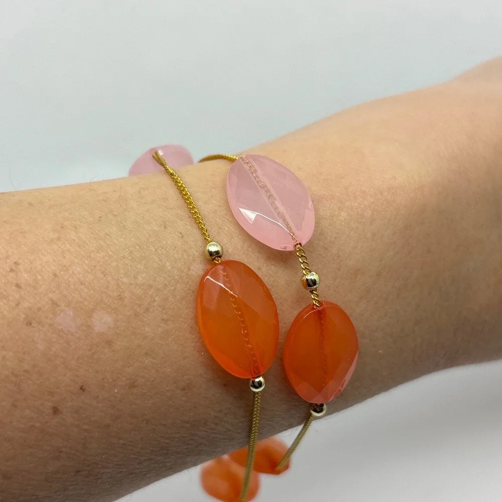 Two Strand Gemstone Bracelet Gold Tone Orange Pink‎ Faceted Beaded Toggle Clasp